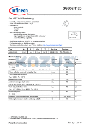 SGB02N120 datasheet - Fast IGBT in NPT-technology Lower Eoff compared to previous generation