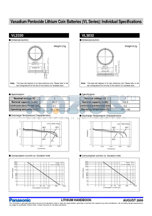 VL3032 datasheet - Vanadium Pentoxide Lithium Coin Batteries (VL Series): Individual Specifications