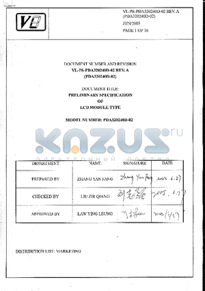 VL-PS-PDA320240D-02 datasheet - SPECIFICATION OF LCD MODULE TYPE