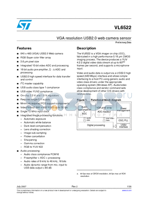 VL6522 datasheet - VGA resolution USB2.0 web camera sensor