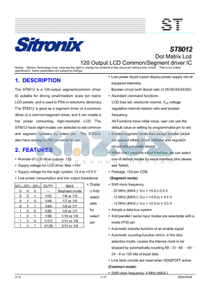 ST8012 datasheet - 120 Output LCD Common/Segment driver IC