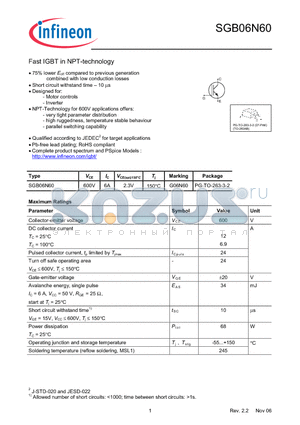 SGB06N60 datasheet - Fast IGBT in NPT-technology 75% lower Eoff compared to previous generation