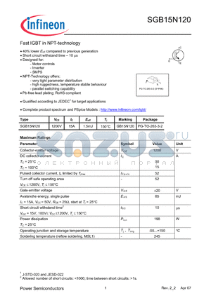 SGB15N120_07 datasheet - Fast IGBT in NPT-technology