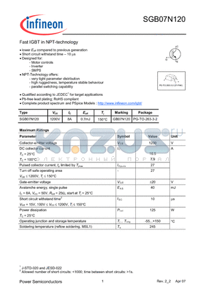 SGB07N120 datasheet - Fast IGBT in NPT-technology lower Eoff compared to previous generation