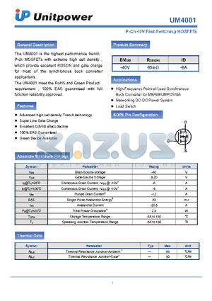 UM4001 datasheet - P-Ch 40V Fast Switching MOSFETs