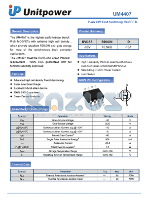 UM4407 datasheet - P-Ch 30V Fast Switching MOSFETs