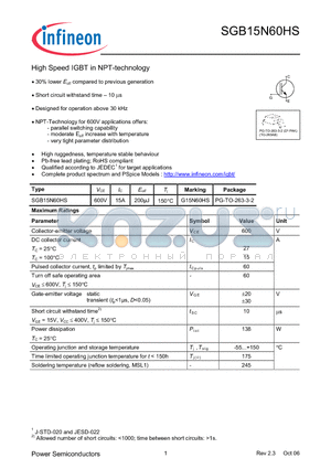 SGB15N60HS datasheet - High Speed IGBT in NPT-technology