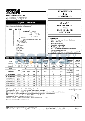 SGB15UFSMS datasheet - 60 mAMP 1000-3500 VOLTS 60 nsec HIGH VOLTAGE RECTIFIER