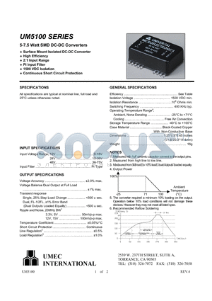 UM5100 datasheet - 5-7.5 Watt SMD DC-DC Converters