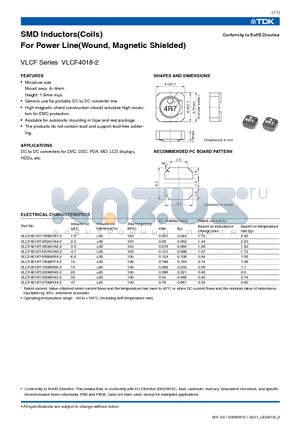 VLCF4018T-100MR74-2 datasheet - SMD Inductors(Coils) For Power Line(Wound, Magnetic Shielded)