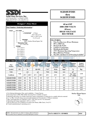 SGB20UFSMSTX datasheet - 60 mAMP 1000-3500 VOLTS 60 nsec HIGH VOLTAGE RECTIFIER