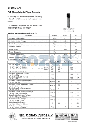 ST8550 datasheet - PNP Silicon Epitaxial Planar Transistor