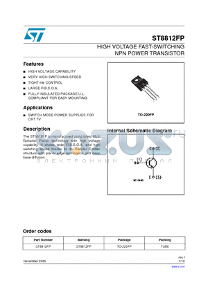 ST8812FP datasheet - HIGH VOLTAGE FAST-SWITCHING NPN POWER TRANSISTOR