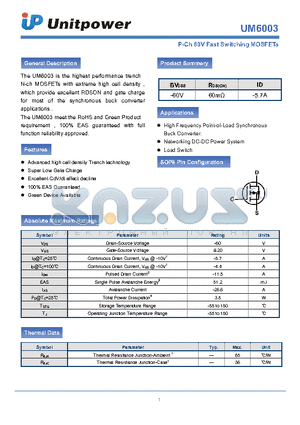 UM6003 datasheet - P-Ch 60V Fast Switching MOSFETs