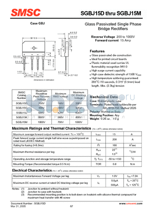 SGBJ15M datasheet - Glass Passivated Single Phase Bridge Rectifiers