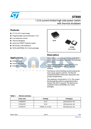 ST890 datasheet - 1.2 A current limited high side power switch with thermal shutdown