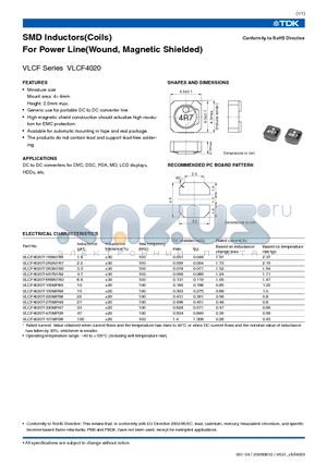 VLCF4020T-150MR68 datasheet - SMD Inductors(Coils) For Power Line(Wound, Magnetic Shielded)