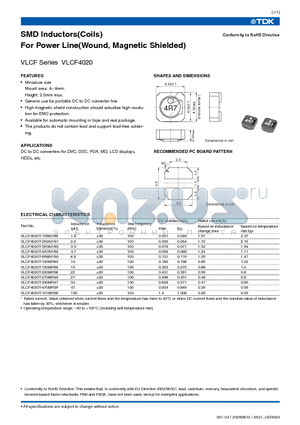 VLCF4020T-1R8N1R9 datasheet - SMD Inductors(Coils) For Power Line(Wound, Magnetic Shielded)