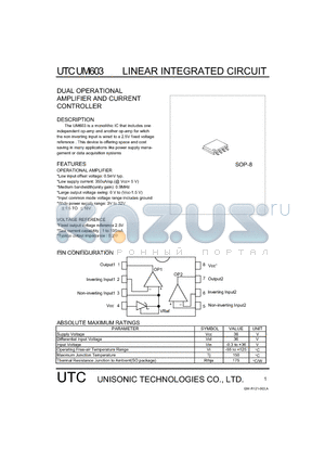 UM603 datasheet - DUAL OPERATIONAL AMPLIFIER AND CURRENT CONTROLLER