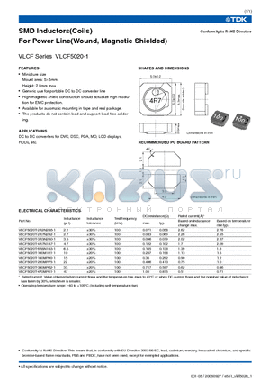 VLCF5020T-100M1R1-1 datasheet - SMD Inductors(Coils) For Power Line(Wound, Magnetic Shielded)