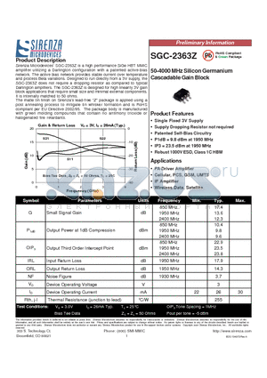 SGC-2363Z datasheet - 50-4000 MHz Silicon Germanium Cascadable Gain Block