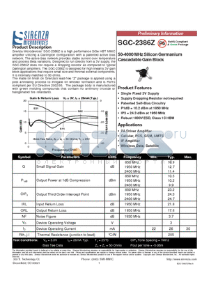 SGC-2386Z datasheet - 50-4000 MHz Silicon Germanium Cascadable Gain Block