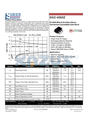 SGC-4363_1 datasheet - 50-4000 MHz Active Bias Silicon Germanium Cascadable Gain Block