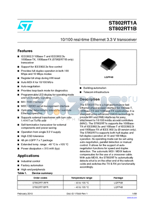 ST802RT1B datasheet - 10/100 real-time Ethernet 3.3 V transceiver