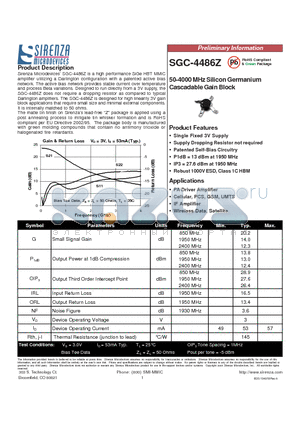 SGC-4486Z datasheet - 50-4000 MHz Silicon Germanium Cascadable Gain Block