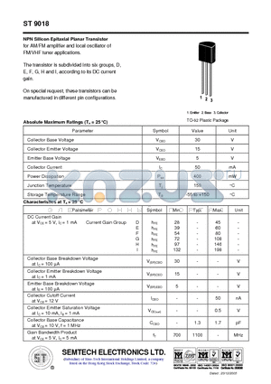 ST9018 datasheet - NPN Silicon Epitaxial Planar Transistor