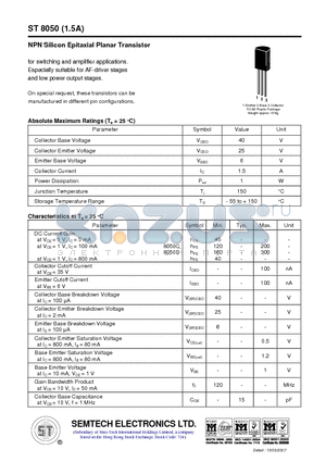 ST8050 datasheet - NPN Silicon Epitaxial Planar Transistor