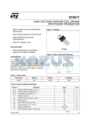 ST901T datasheet - HIGH VOLTAGE IGNITION COIL DRIVER NPN POWER TRANSISTOR