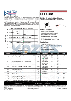 SGC-2486Z datasheet - 50-4000 MHz Active Bias Silicon Germanium Cascadable Gain Block