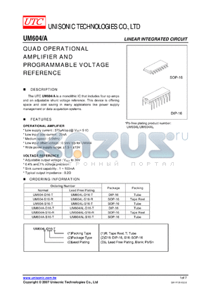 UM604A-S16-R datasheet - QUAD OPERATIONAL AMPLIFIER AND PROGRAMMABLE VOLTAGE REFERENCE