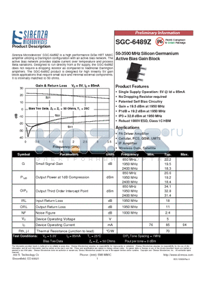 SGC-6489Z datasheet - 50-3500 MHz Silicon Germanium Active Bias Gain Block