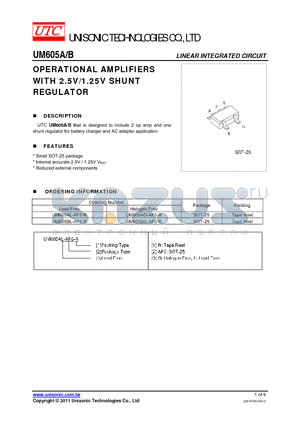 UM605AG-AF5-R datasheet - OPERATIONAL AMPLIFIERS WITH 2.5V/1.25V SHUNT REGULATOR