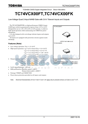 TC74VCX00FT datasheet - Low-Voltage Quad 2-Input NAND Gate with 3.6-V Tolerant Inputs and Outputs