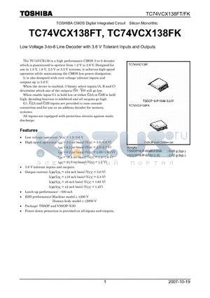 TC74VCX138FK datasheet - Low Voltage 3-to-8 Line Decoder with 3.6 V Tolerant Inputs and Outputs