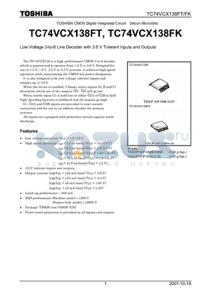 TC74VCX138FT_07 datasheet - Low Voltage 3-to-8 Line Decoder with 3.6 V Tolerant Inputs and Outputs