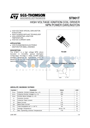 ST901 datasheet - HIGH VOLTAGE IGNITION COIL DRIVER NPN POWER DARLINGTON