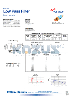 VLF-2500 datasheet - Coaxial Low Pass Filter DC to 2500 MHz