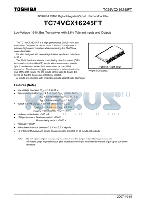 TC74VCX16245FT datasheet - Low-Voltage 16-Bit Bus Transceiver with 3.6-V Tolerant Inputs and Outputs