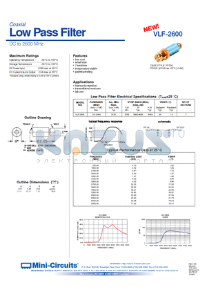 VLF-2600 datasheet - Coaxial Low Pass Filter DC to 2600 MHz