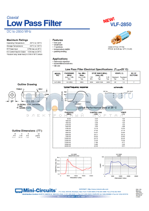 VLF-2850 datasheet - Coaxial Low Pass Filter DC to 2850 MHz
