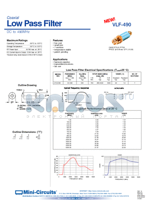 VLF-490 datasheet - Low Pass Filter DC to 490MHz