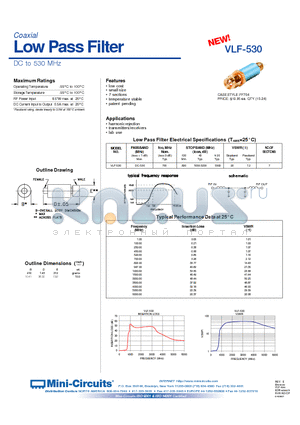 VLF-530 datasheet - Coaxial Low Pass Filter DC to 530 MHz