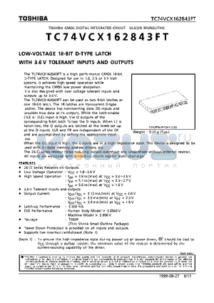 TC74VCX162843FT datasheet - LOW VOLTAGE 18-BIT D-TYPE LATCH WITH 3.6V TOLERANT INPUTS AND OUTPUTS