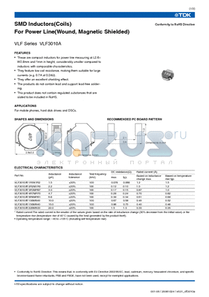 VLF3010A datasheet - SMD Inductors(Coils) For Power Line(Wound, Magnetic Shielded)