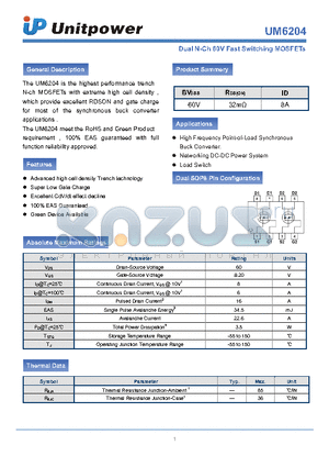 UM6204 datasheet - Dual N-Ch 60V Fast Switching MOSFETs