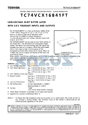 TC74VCX16841FT datasheet - LOW VOLTAGE 20-BIT D-TYPE LATCH WITH 3.6V TOLERANT INPUTS AND OUTPUTS